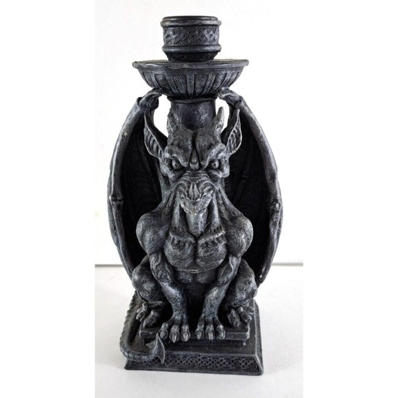 Gargoyle Candle Holder Spooky Gray Resin Halloween Winged Celtic Scrollwork 8" - Picture 1 of 7